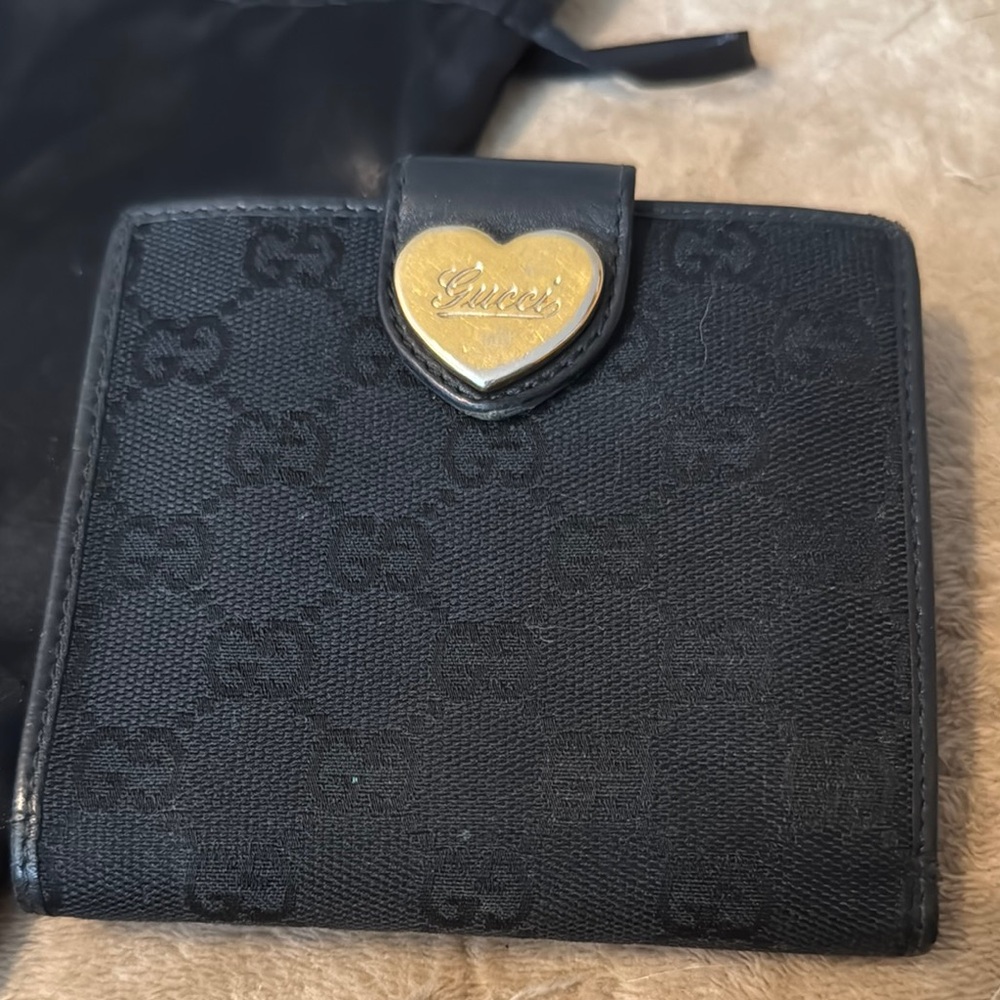 Gucci Black Wallet with Gold Heart Detail